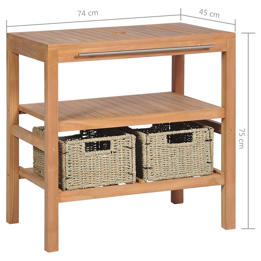 Badrumsunderskåp med 2 korgar massiv teak 74x45x75 cm