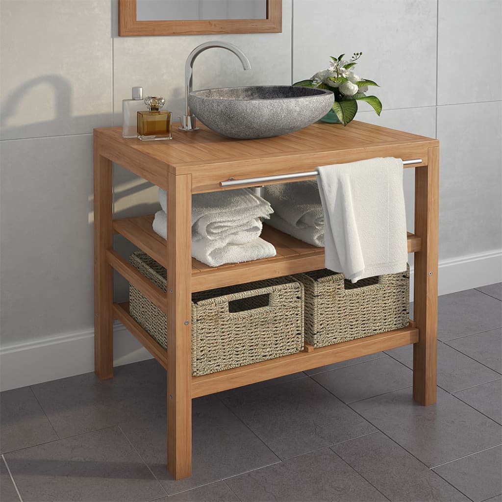 Badrumsunderskåp med 2 korgar massiv teak 74x45x75 cm