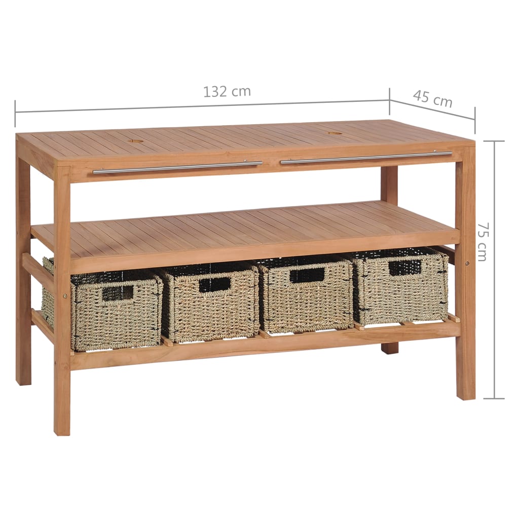 Badrumsunderskåp med 4 korgar massiv teak 132x45x75 cm