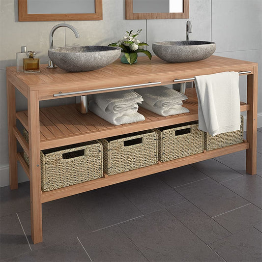 Badrumsunderskåp med 4 korgar massiv teak 132x45x75 cm