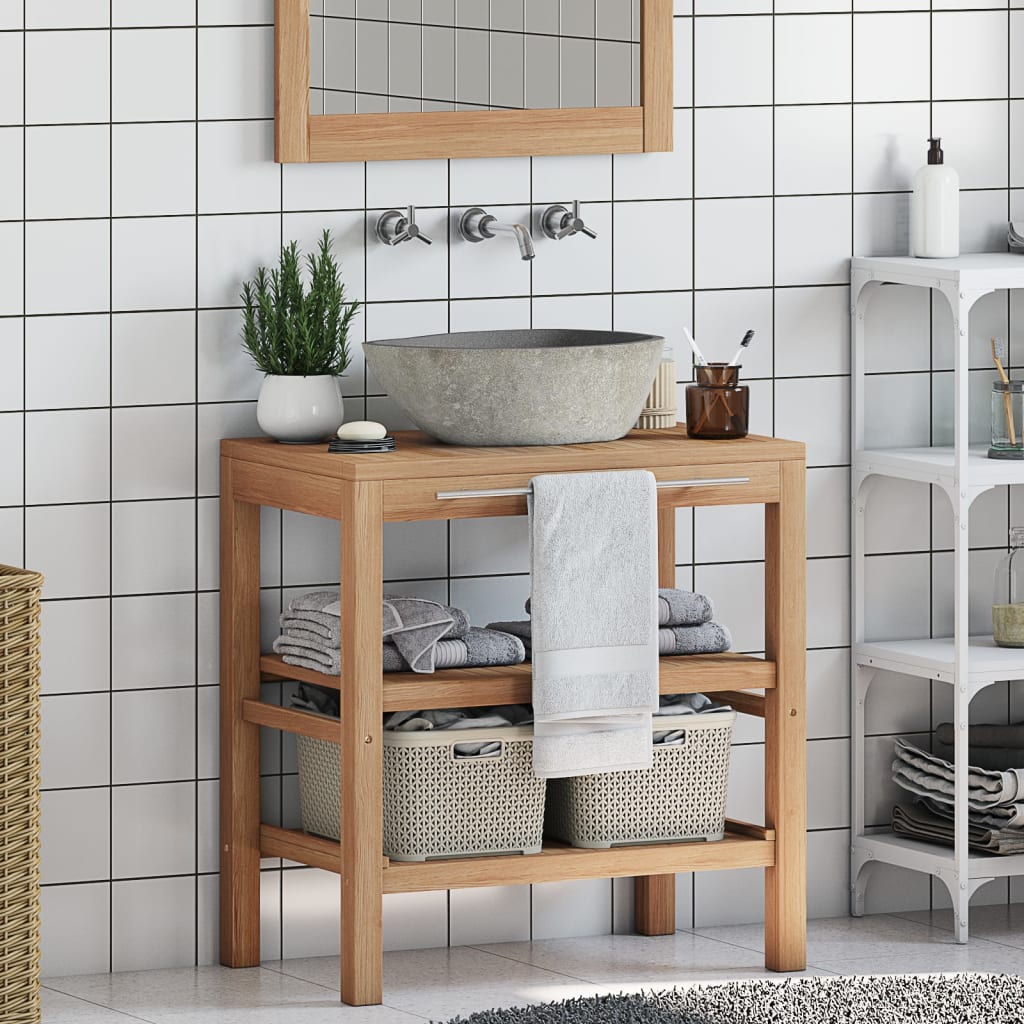 Badrumsunderskåp massiv teak med handfat i flodsten