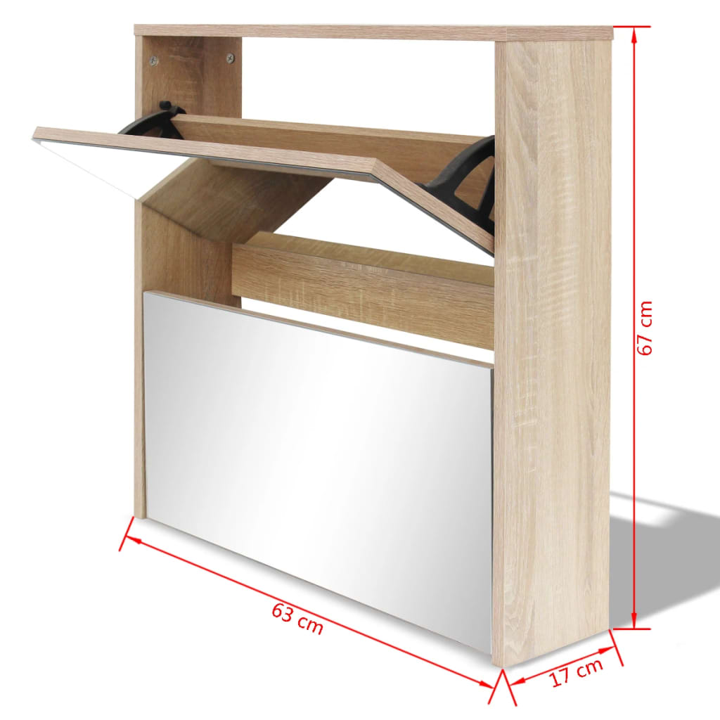 Skoställ DIV. Skoskåp med 2 lådor och spegel 63x17x67 cm ek