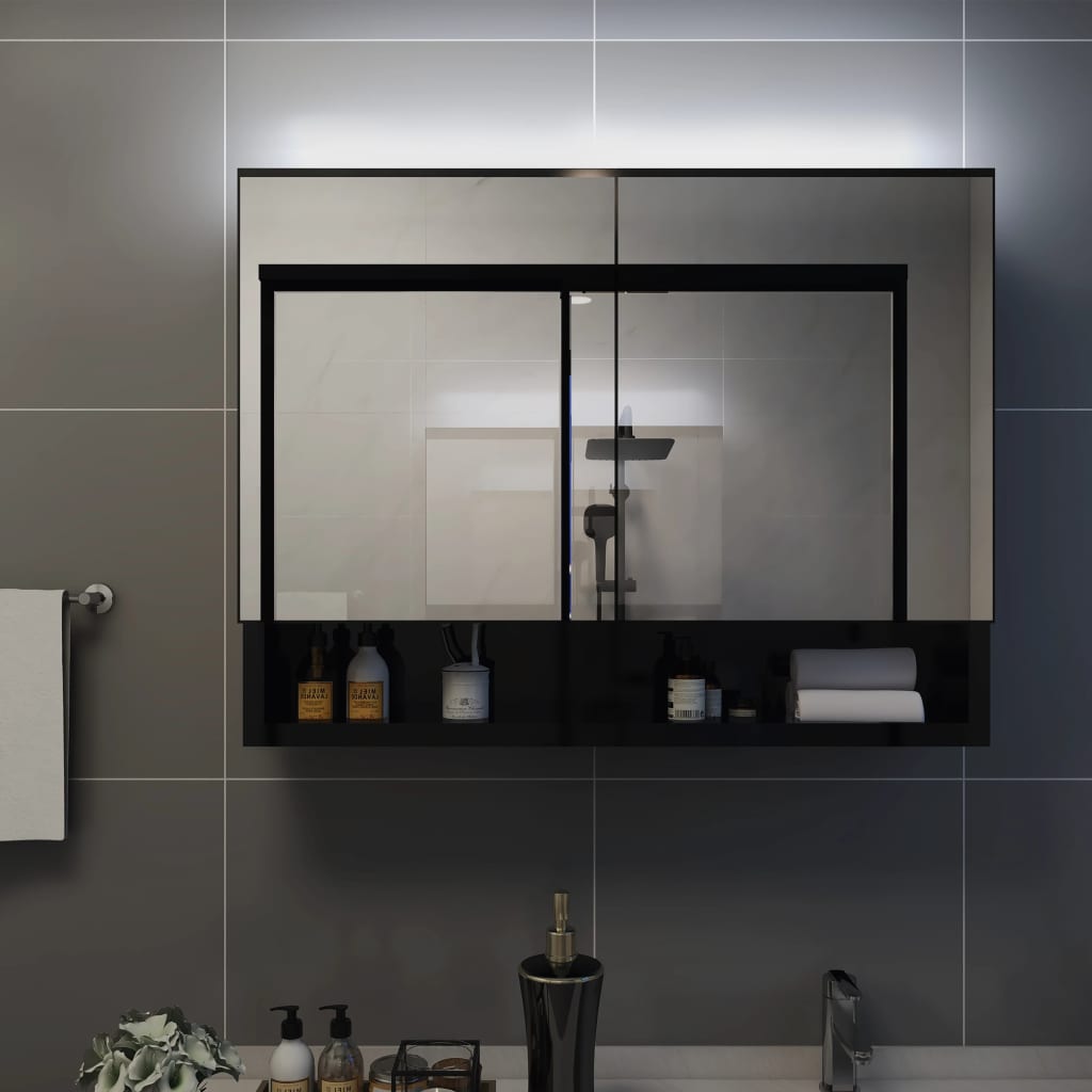 Badrumsspegel Spegelskåp LED Svart 80x15x60 cm