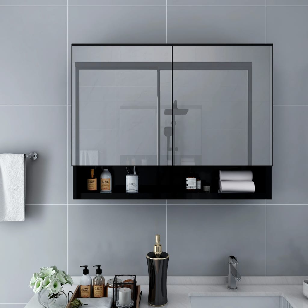 Badrumsspegel Spegelskåp LED Svart 80x15x60 cm