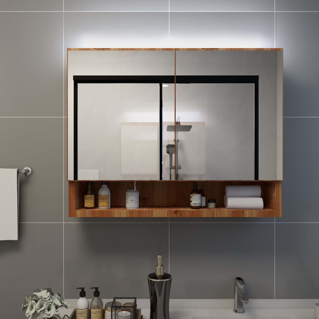 Badrumsspegel Spegelskåp LED Ek 80x15x60 cm