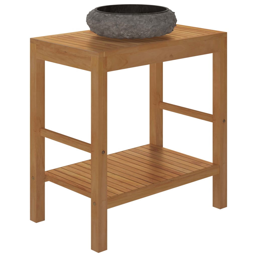 Badrumsunderskåp teak med handfat marmor svart
