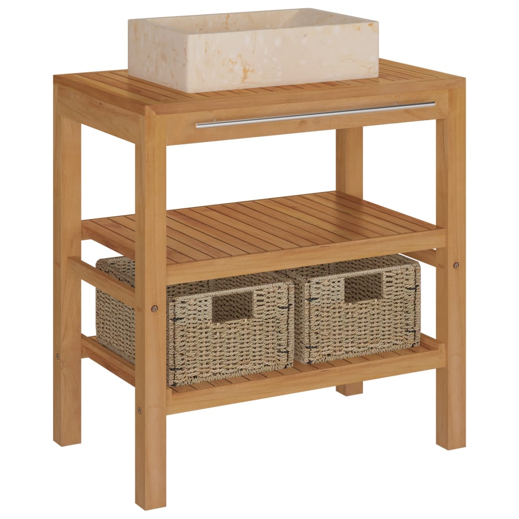 Badrumsunderskåp teak med handfat marmor gräddvit