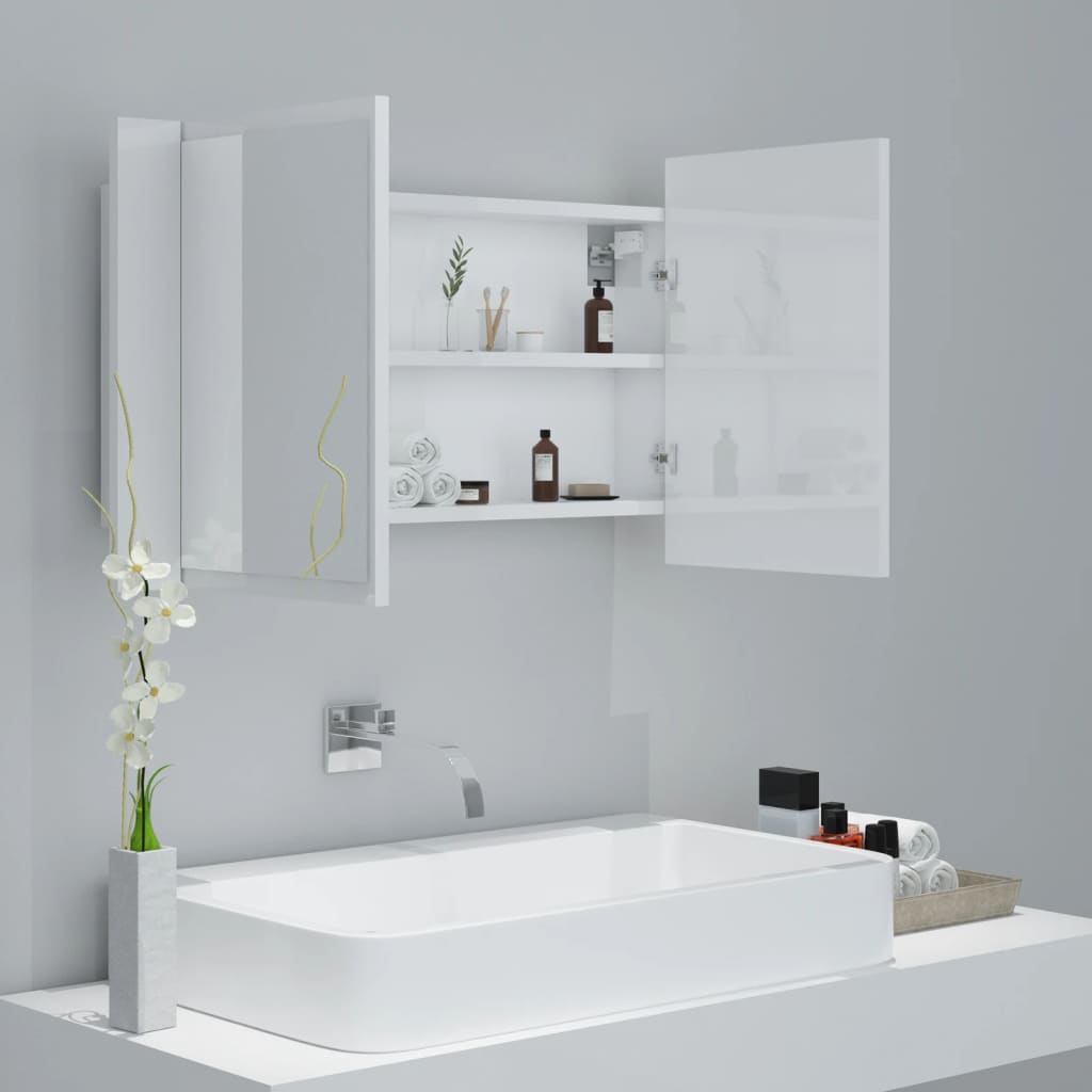 Badrumsspegel Spegelskåp LED Högglans Vit 80x12x45 cm akryl