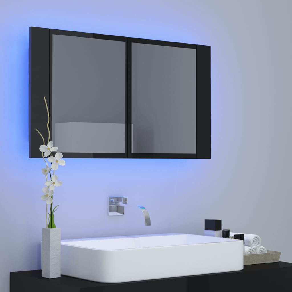 Badrumsspegel Spegelskåp LED Högglans Svart 80x12x45 cm akryl