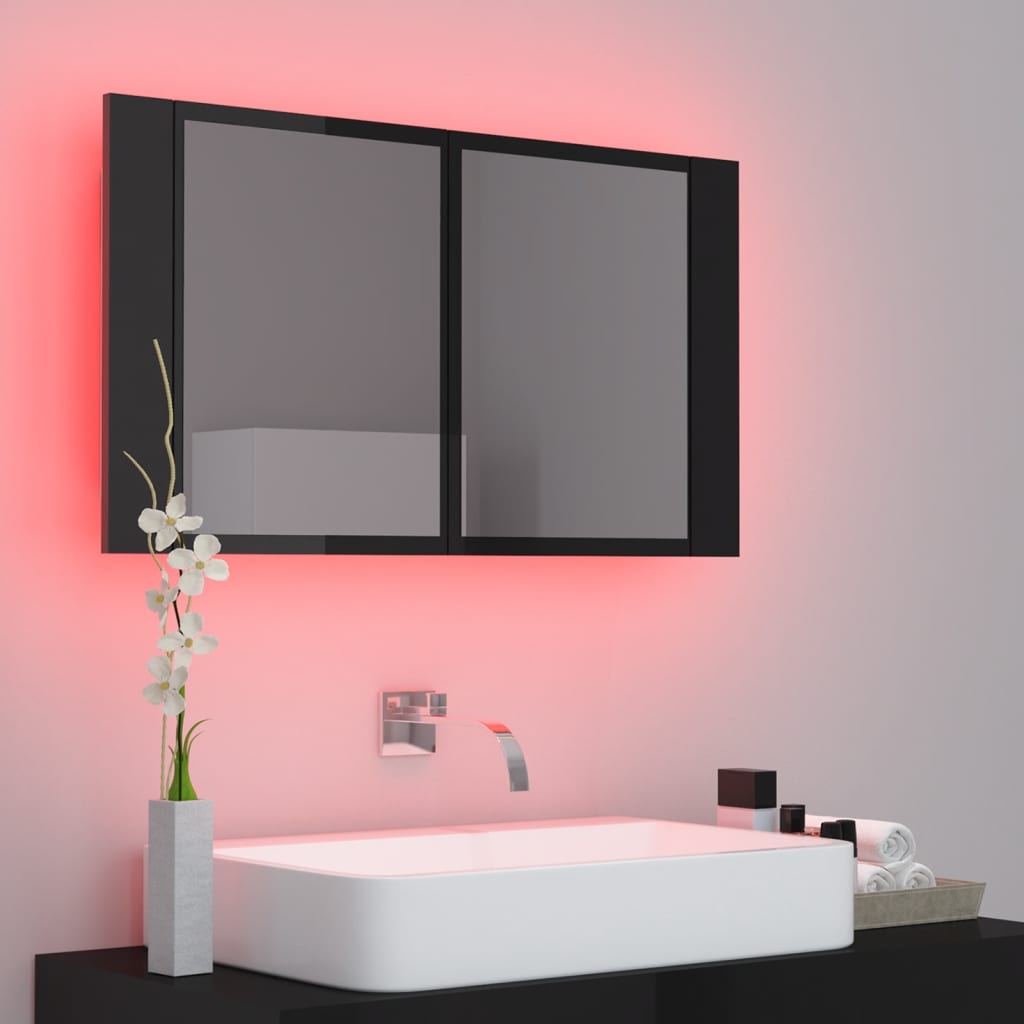 Badrumsspegel Spegelskåp LED Högglans Svart 80x12x45 cm akryl