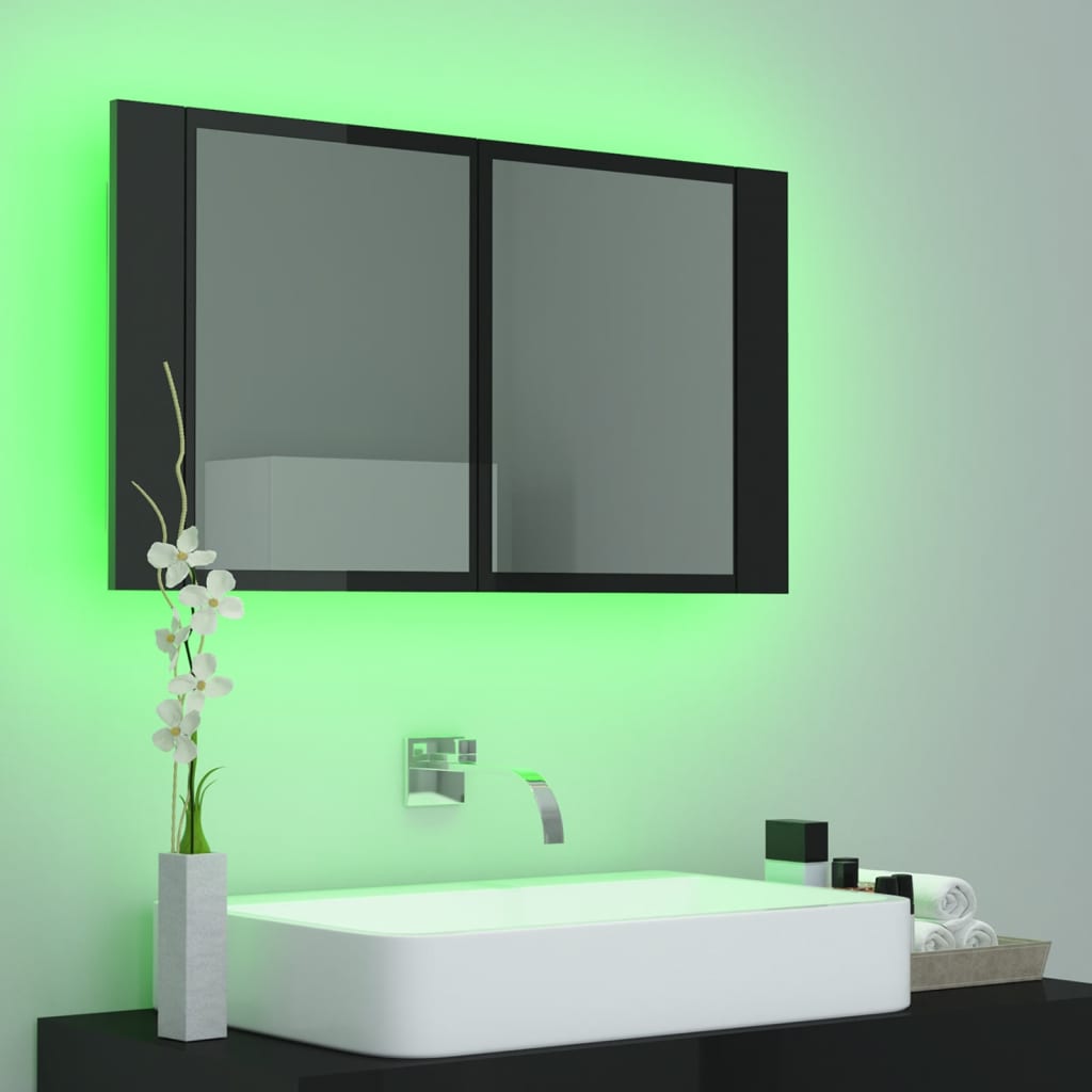 Badrumsspegel Spegelskåp LED Högglans Svart 80x12x45 cm akryl