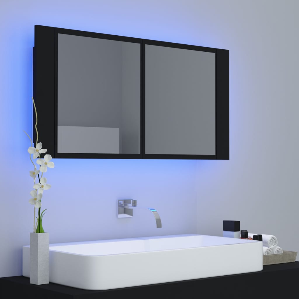 Badrumsspegel Spegelskåp LED Svart 90x12x45 cm akryl