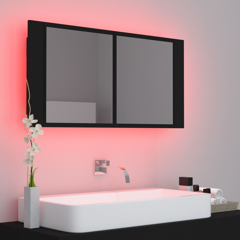 Badrumsspegel Spegelskåp LED Svart 90x12x45 cm akryl