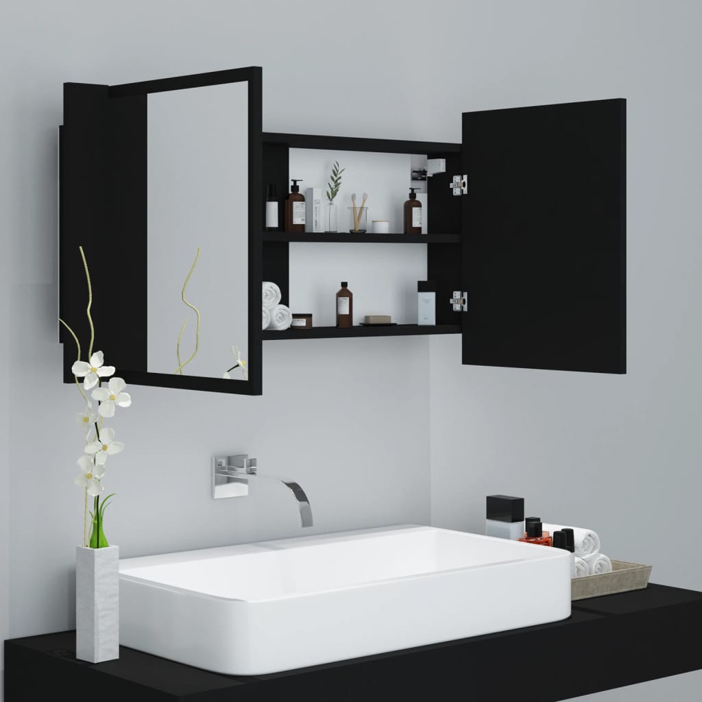 Badrumsspegel Spegelskåp LED Svart 90x12x45 cm akryl