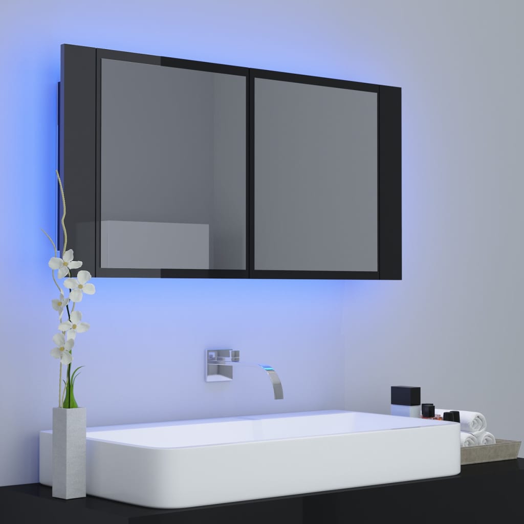 Badrumsspegel Spegelskåp LED Högglans Svart 90x12x45 cm akryl