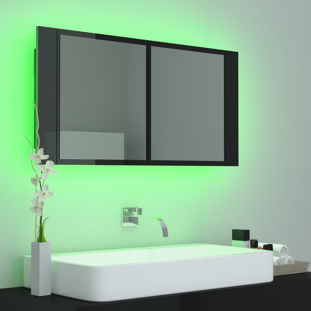 Badrumsspegel Spegelskåp LED Högglans Svart 90x12x45 cm akryl