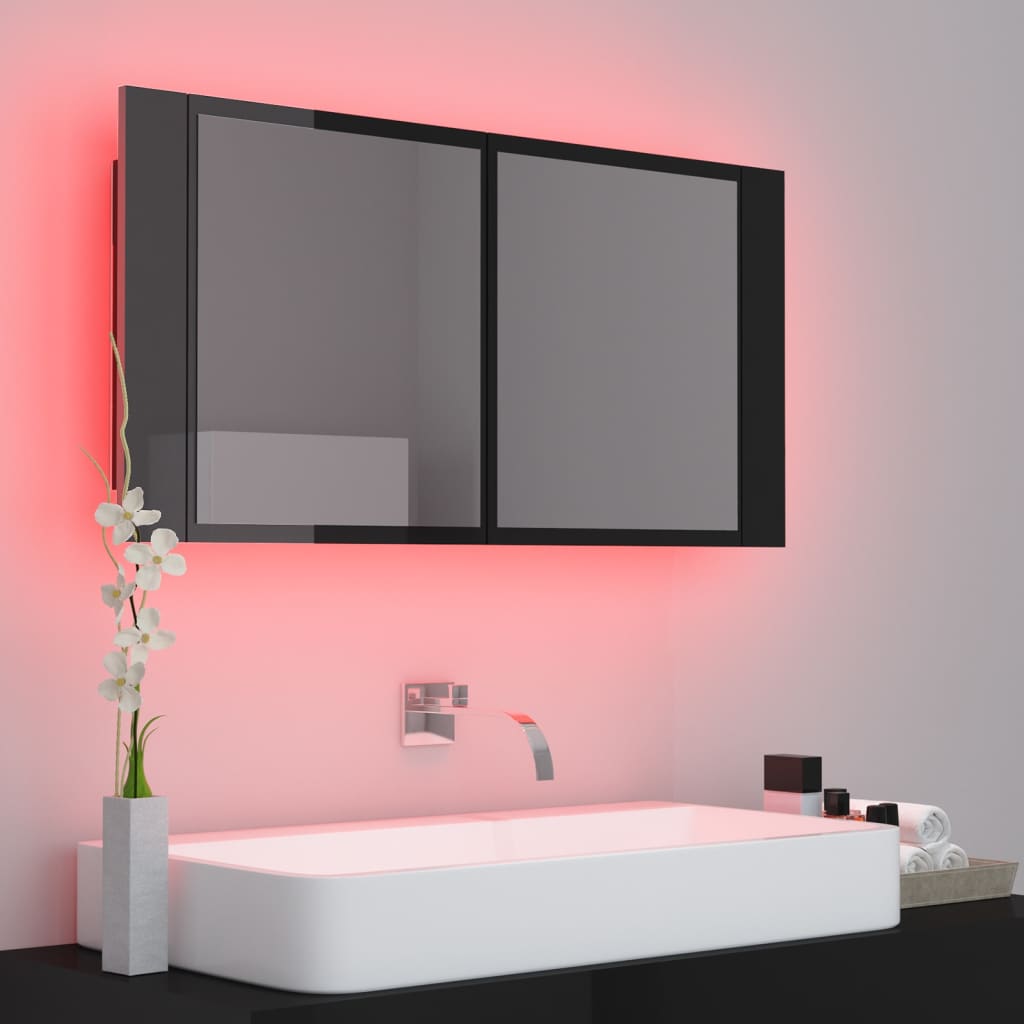 Badrumsspegel Spegelskåp LED Högglans Svart 90x12x45 cm akryl