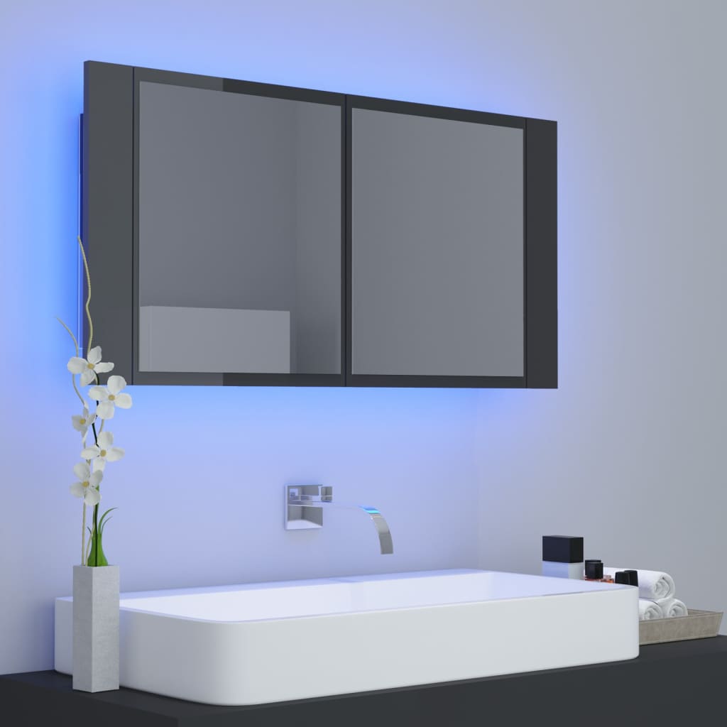 Badrumsspegel Spegelskåp LED Högglans Grå 90x12x45 cm akryl