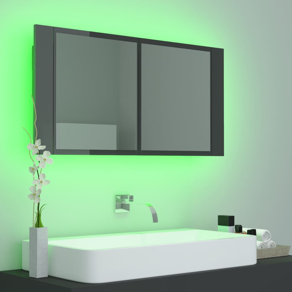 Badrumsspegel Spegelskåp LED Högglans Grå 90x12x45 cm akryl