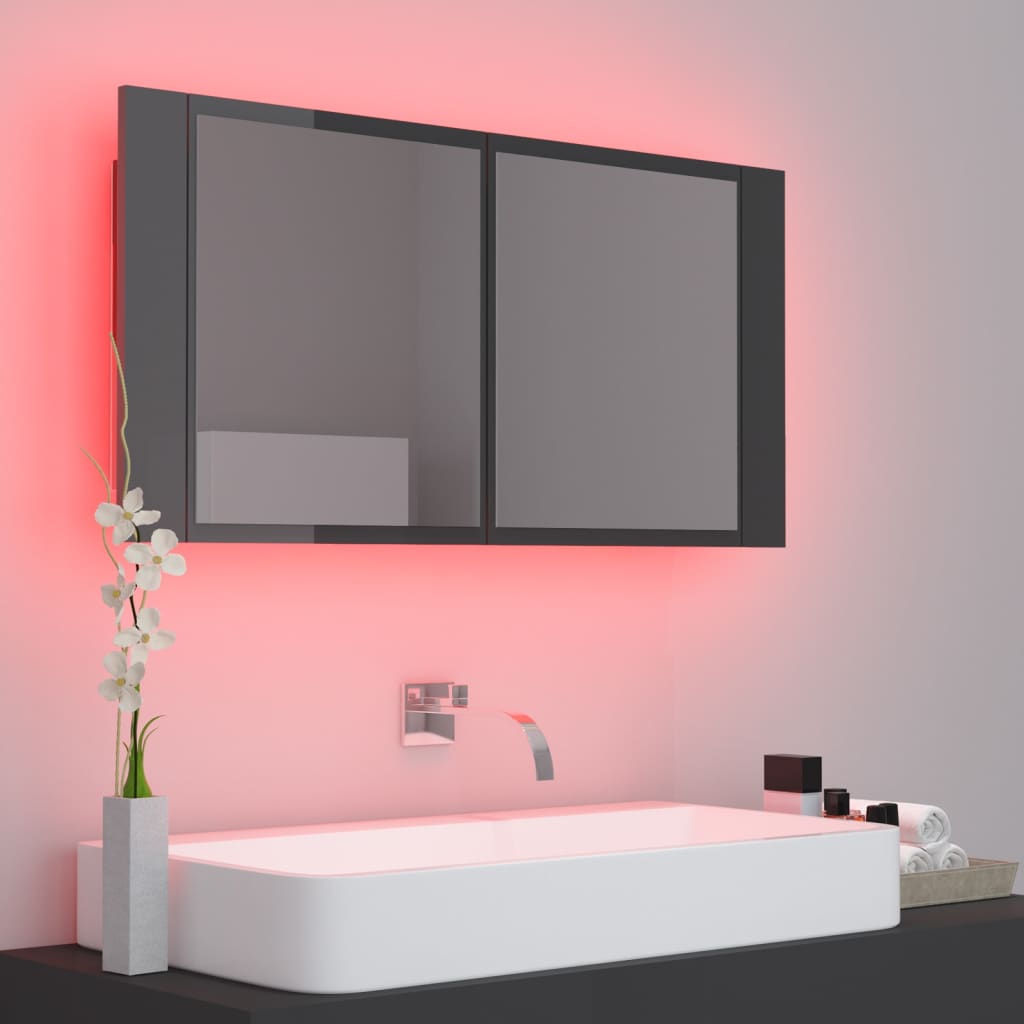 Badrumsspegel Spegelskåp LED Högglans Grå 90x12x45 cm akryl