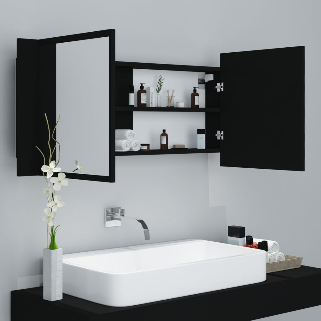 Badrumsspegel Spegelskåp LED Svart 100x12x45 cm akryl