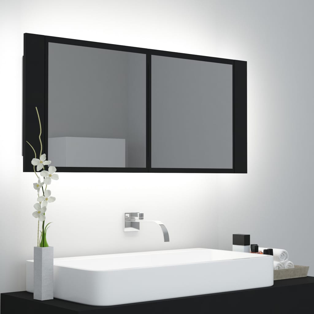 Badrumsspegel Spegelskåp LED Svart 100x12x45 cm akryl