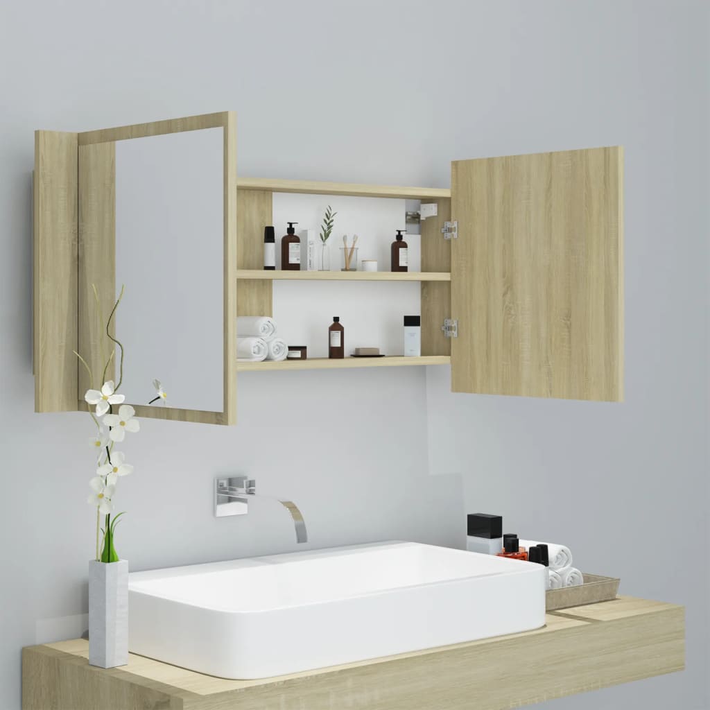Badrumsspegel Spegelskåp LED Sonoma Ek 100x12x45 cm akryl