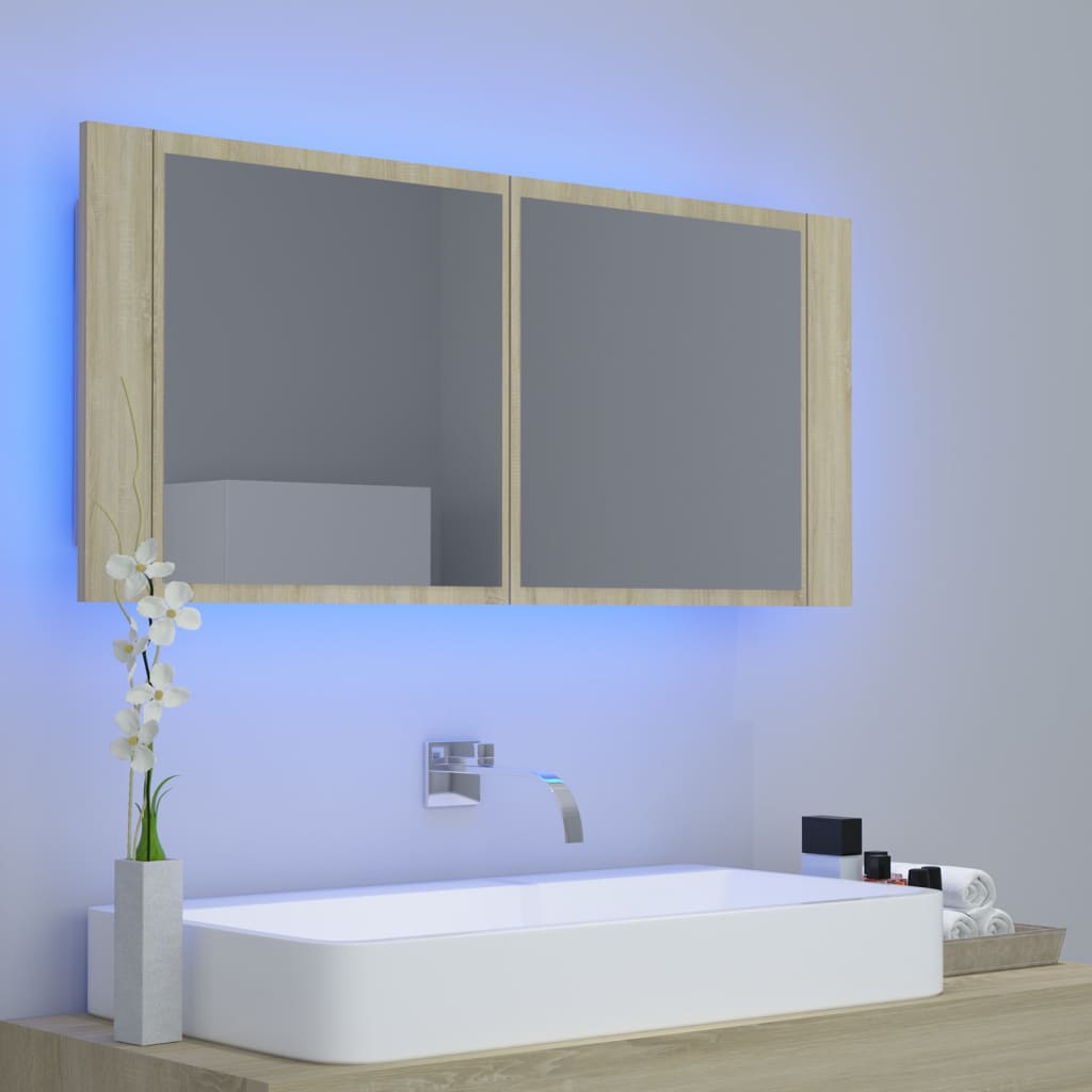 Badrumsspegel Spegelskåp LED Sonoma Ek 100x12x45 cm akryl