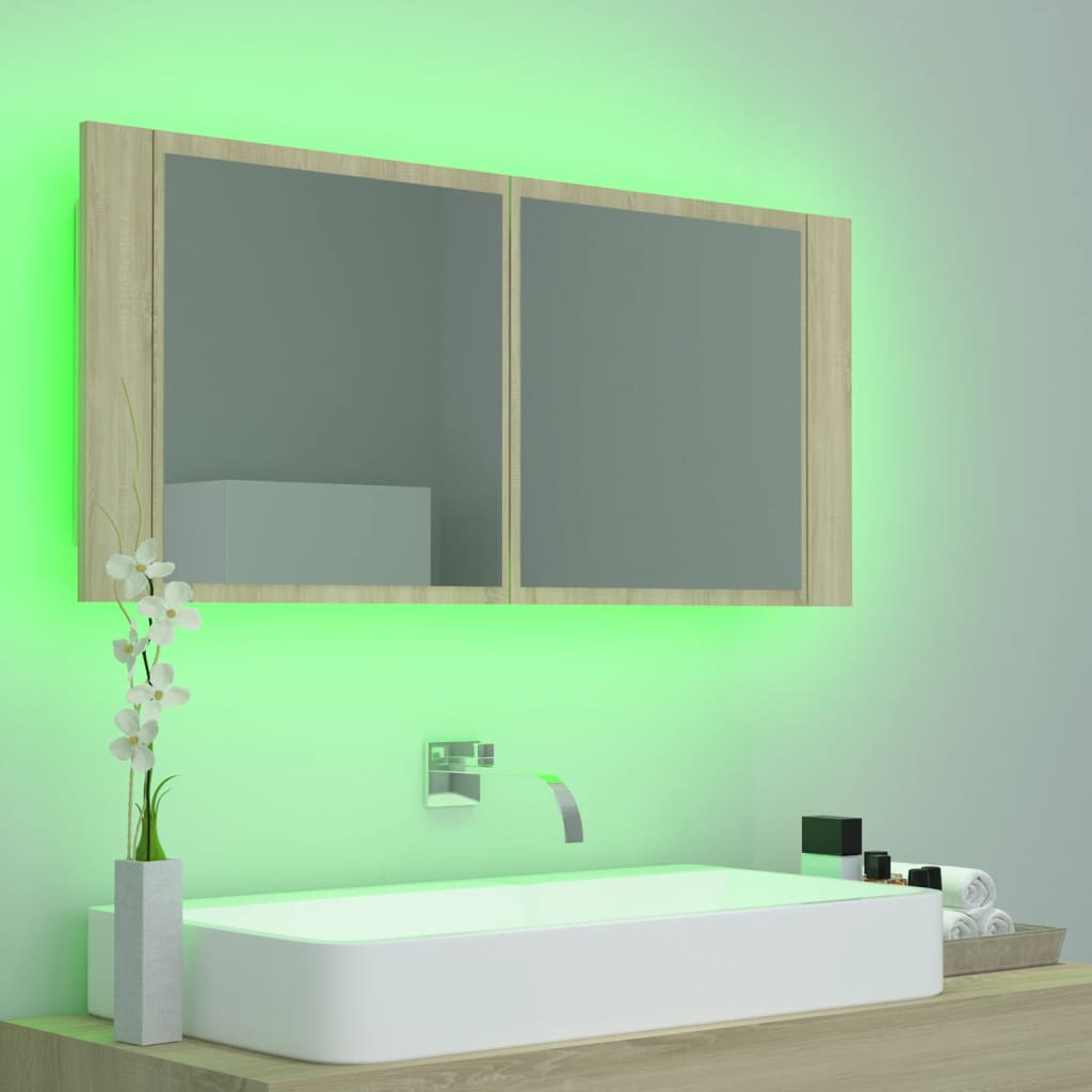 Badrumsspegel Spegelskåp LED Sonoma Ek 100x12x45 cm akryl