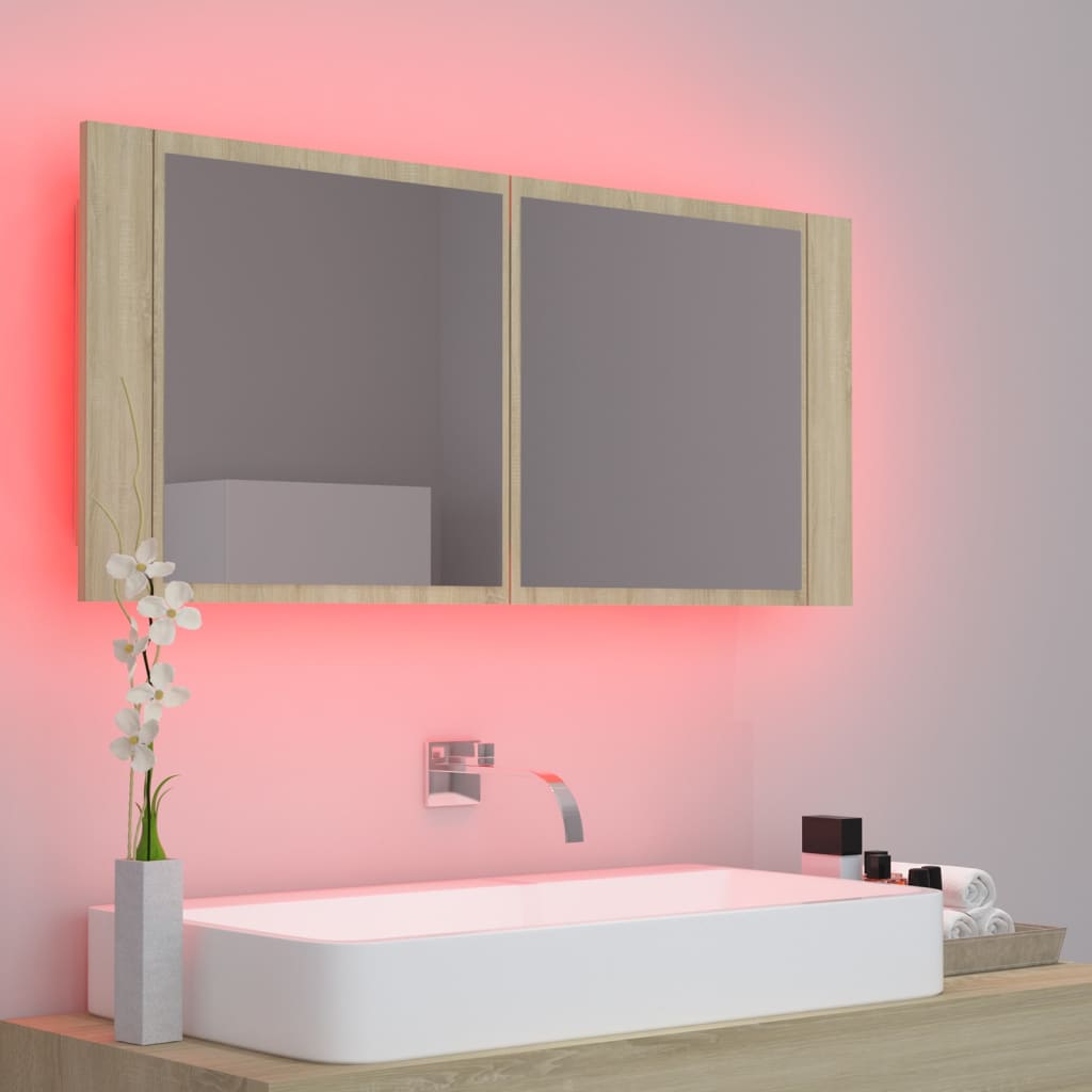 Badrumsspegel Spegelskåp LED Sonoma Ek 100x12x45 cm akryl