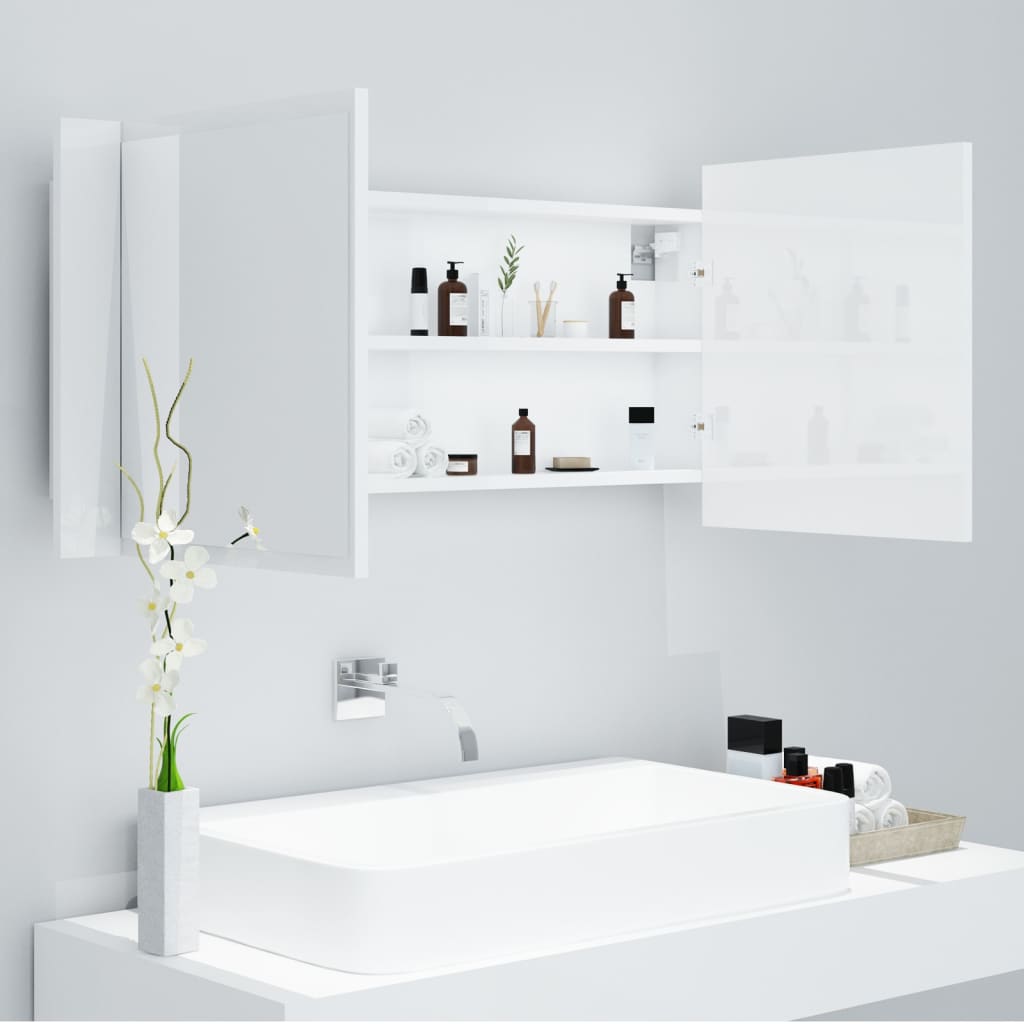 Badrumsspegel Spegelskåp LED Högglans Vit 100x12x45 cm akryl