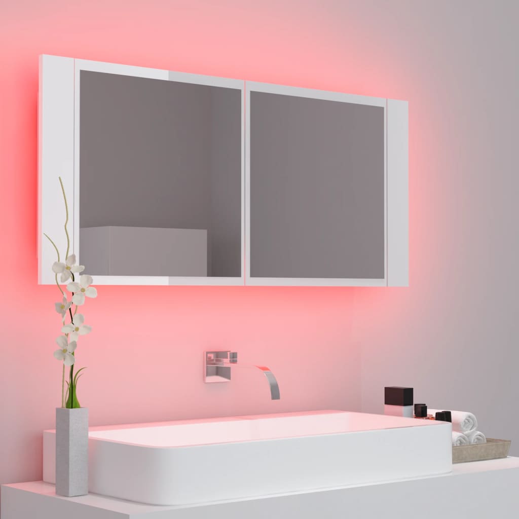 Badrumsspegel Spegelskåp LED Högglans Vit 100x12x45 cm akryl