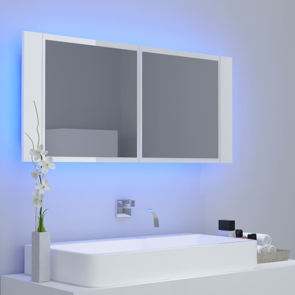 Badrumsspegel Spegelskåp LED Högglans Vit 100x12x45 cm akryl