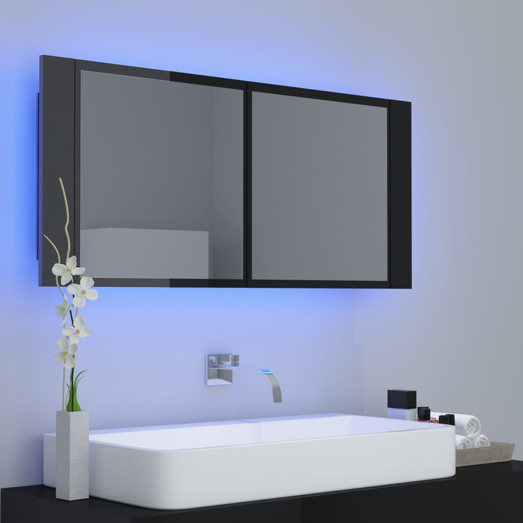 Badrumsspegel Spegelskåp LED Högglans Svart 100x12x45 cm akryl