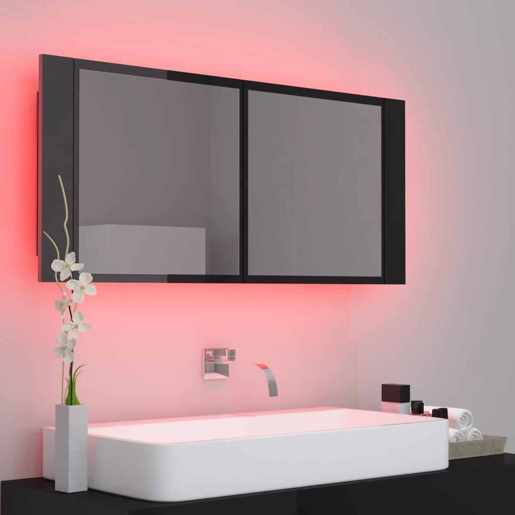 Badrumsspegel Spegelskåp LED Högglans Svart 100x12x45 cm akryl