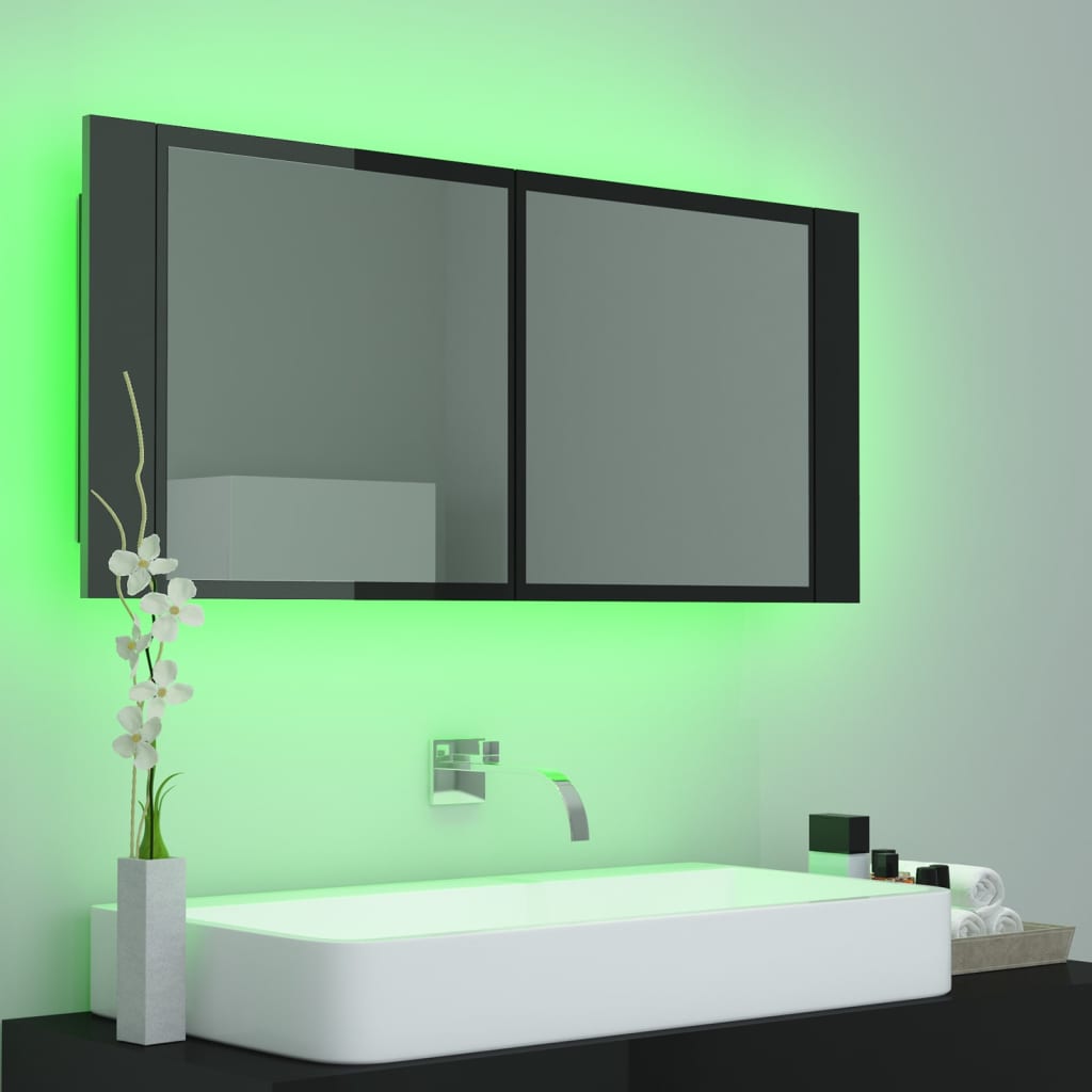 Badrumsspegel Spegelskåp LED Högglans Svart 100x12x45 cm akryl