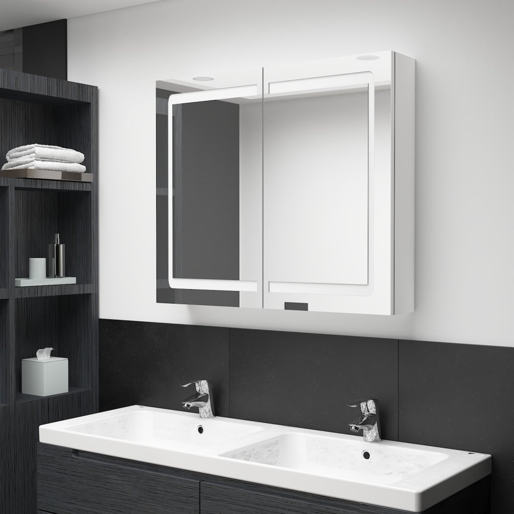 Badrumsspegel Spegelskåp LED Högglans Vit 80x12x68 cm