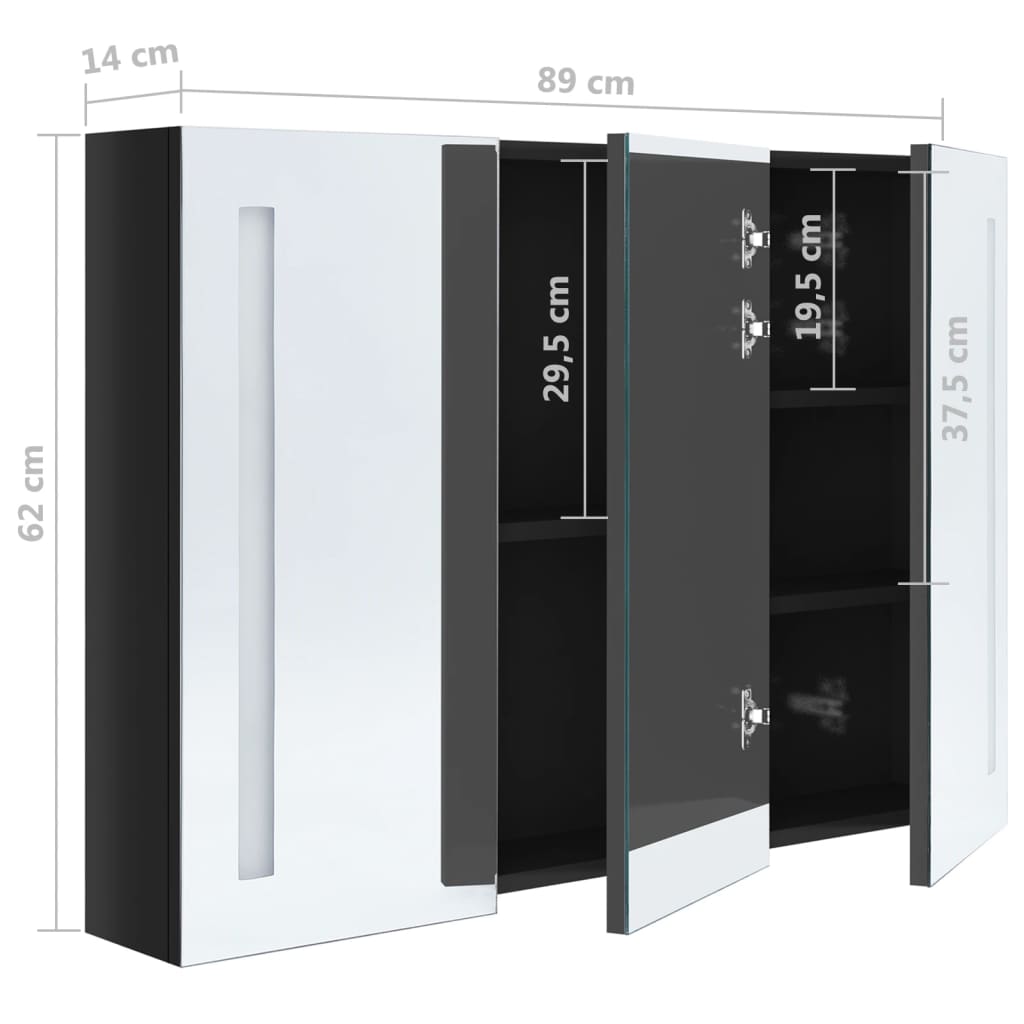 Badrumsspegel Spegelskåp LED 89x14x62 cm glänsande svart