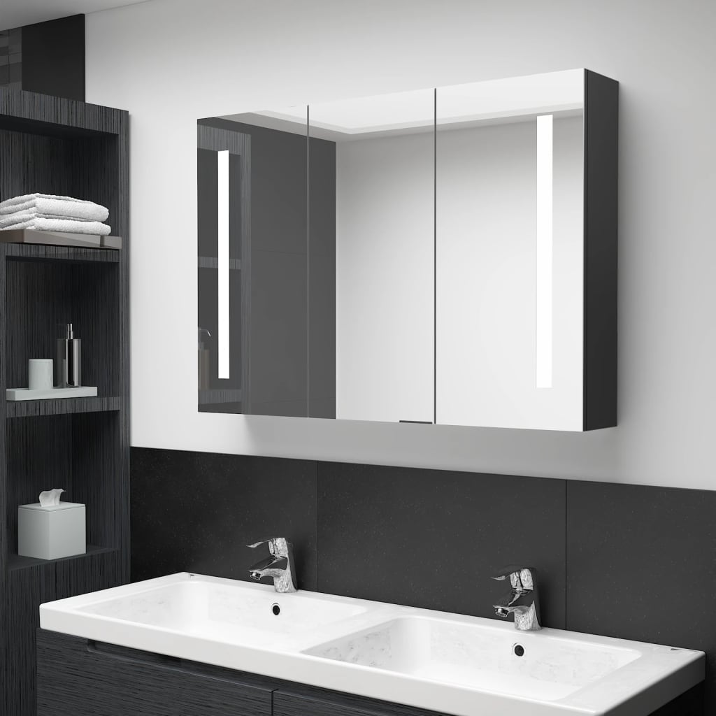 Badrumsspegel Spegelskåp LED 89x14x62 cm glänsande svart