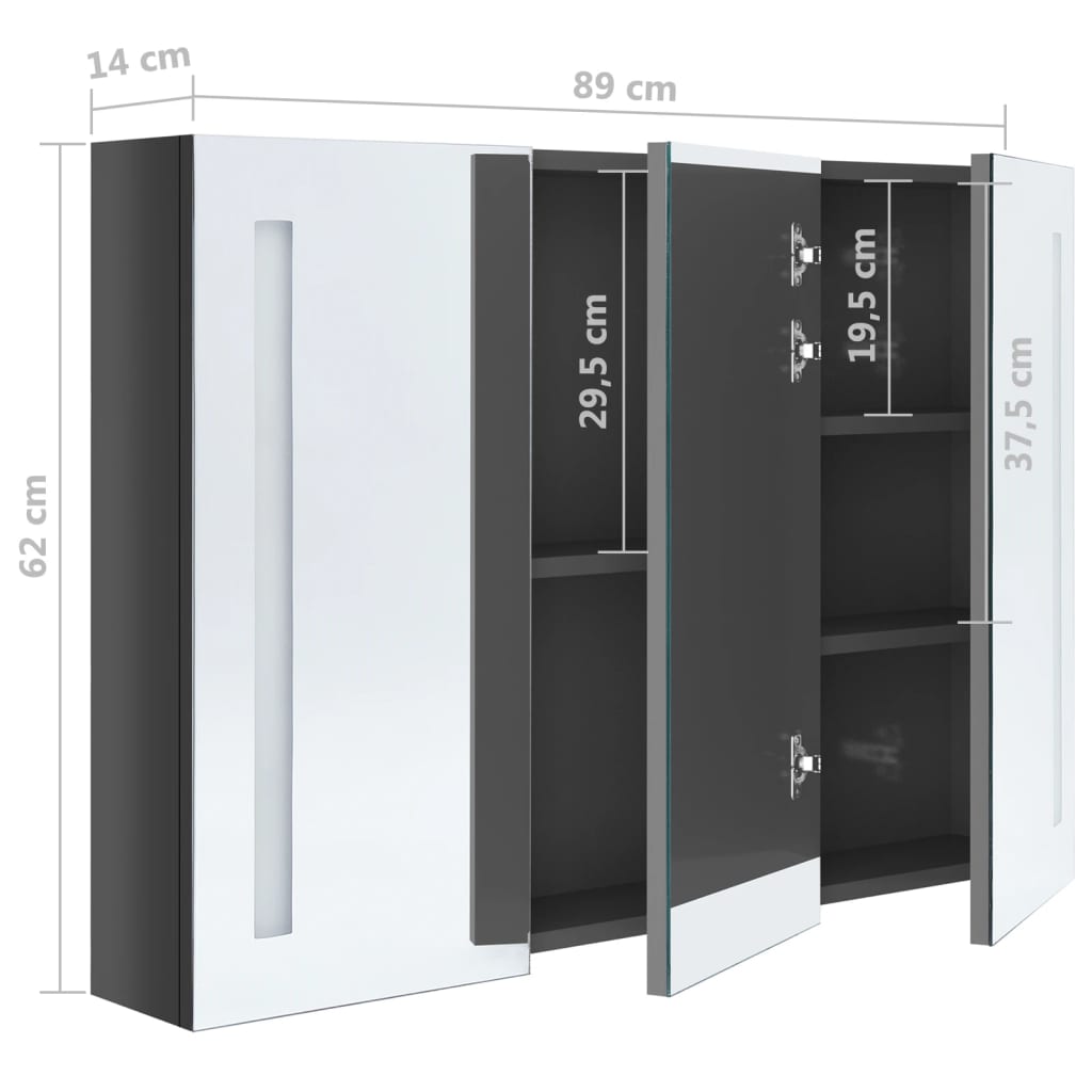 Badrumsspegel Spegelskåp LED 89x14x62 cm glänsande grå