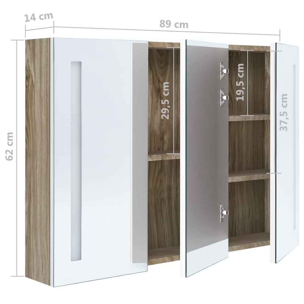 Badrumsspegel Spegelskåp LED 89x14x62 cm Vit och ek