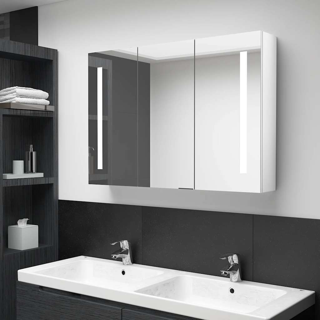 Badrumsspegel Spegelskåp LED 89x14x62 cm glänsande Vit