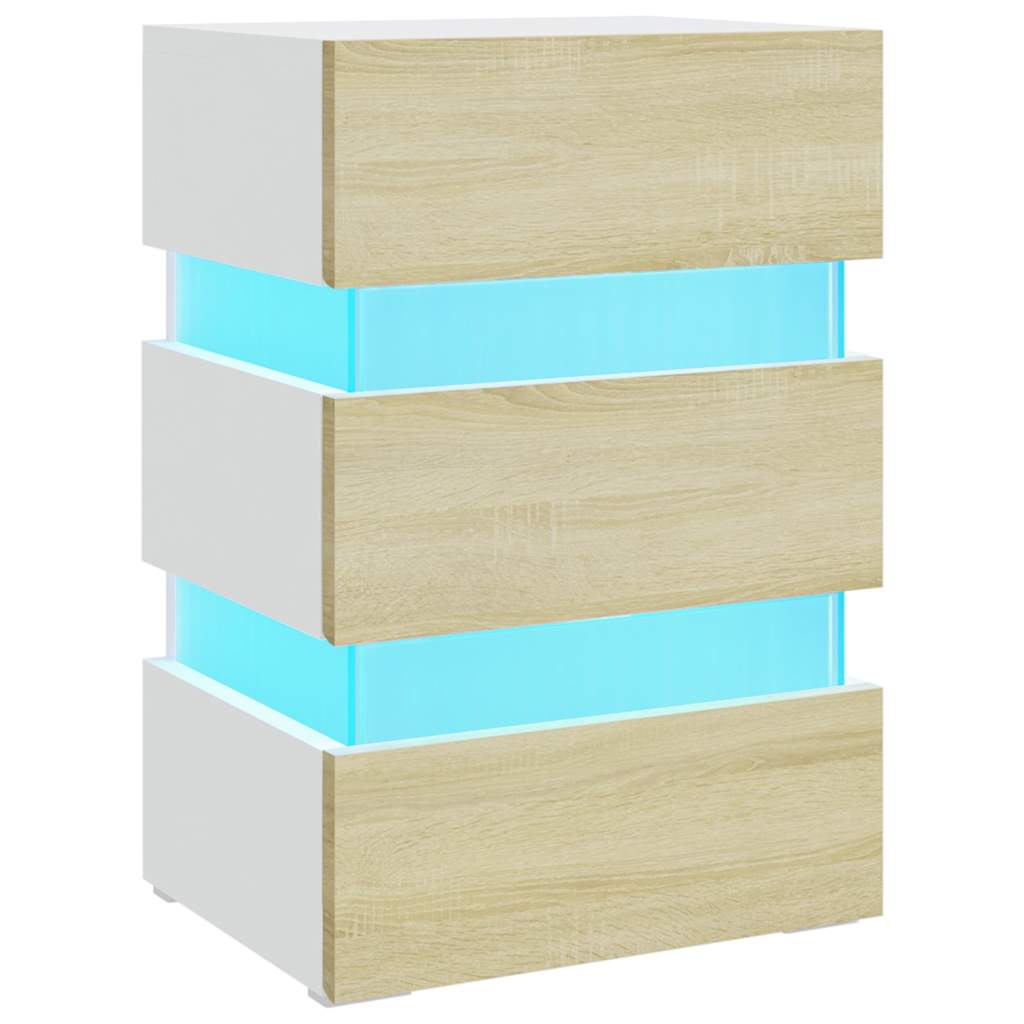 Sängbord Nattduksbord Vit Sängskåp LED och Sonoma Ek 45x35x67 cm