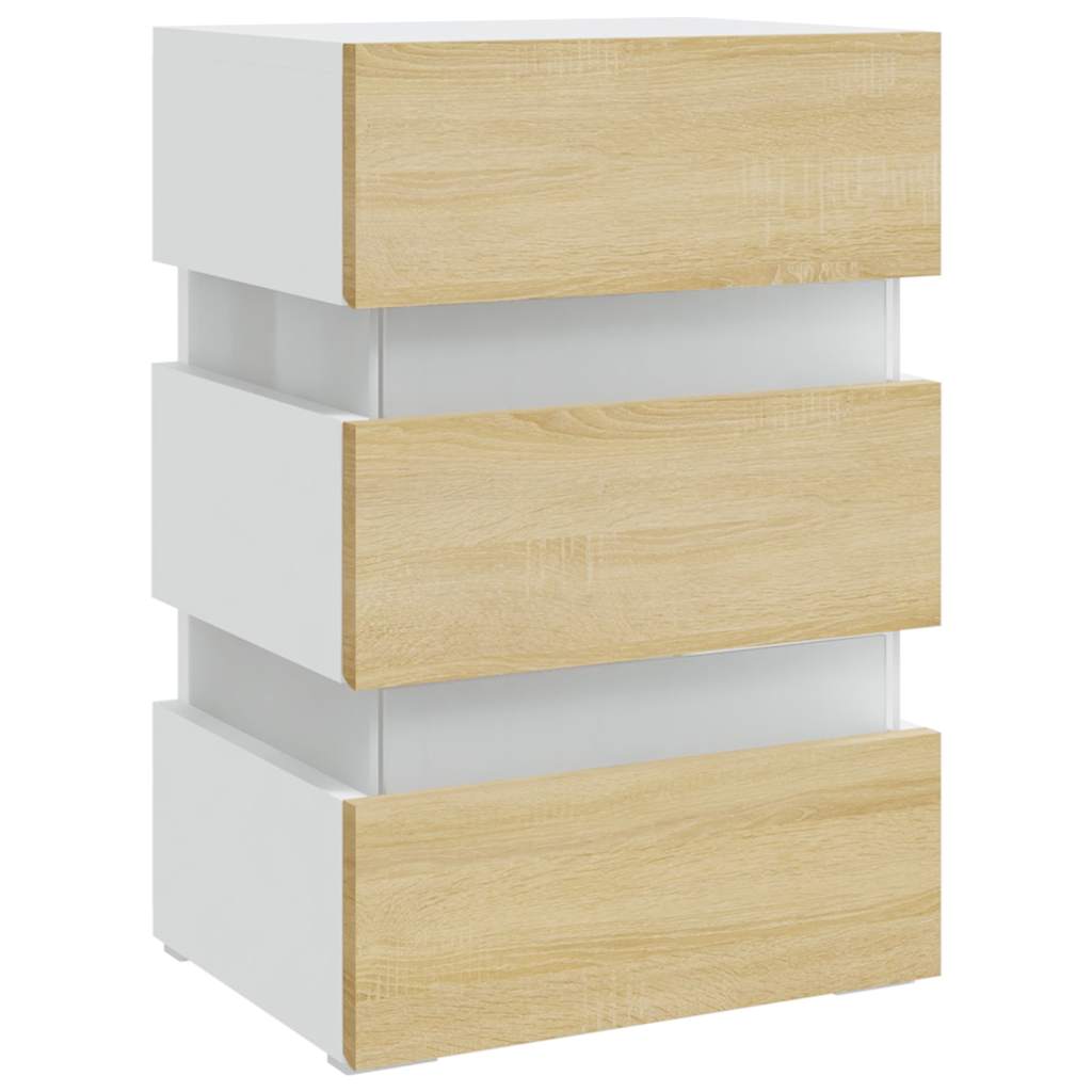 Sängbord Nattduksbord Vit Sängskåp LED och Sonoma Ek 45x35x67 cm