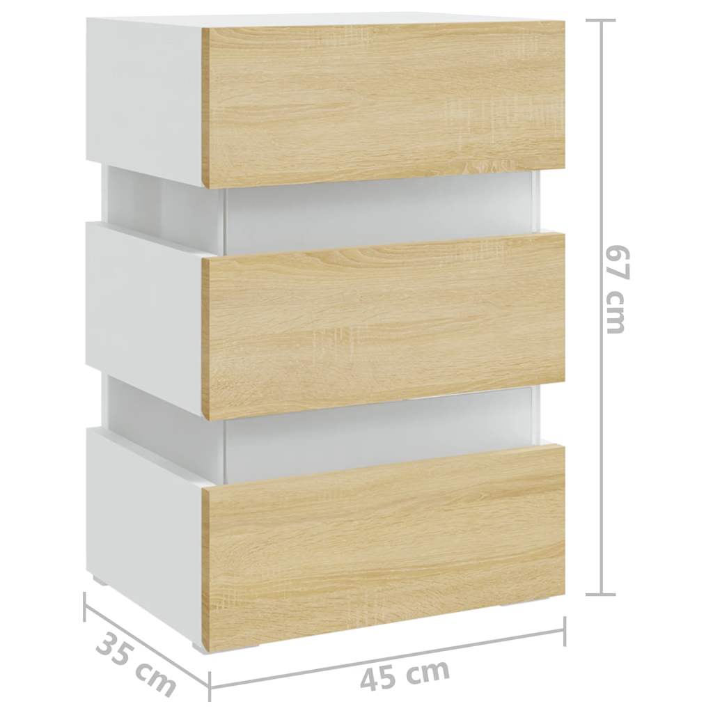 Sängbord Nattduksbord Vit Sängskåp LED och Sonoma Ek 45x35x67 cm