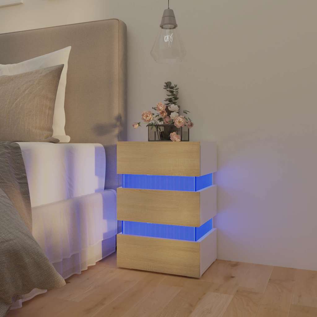 Sängbord Nattduksbord Vit Sängskåp LED och Sonoma Ek 45x35x67 cm