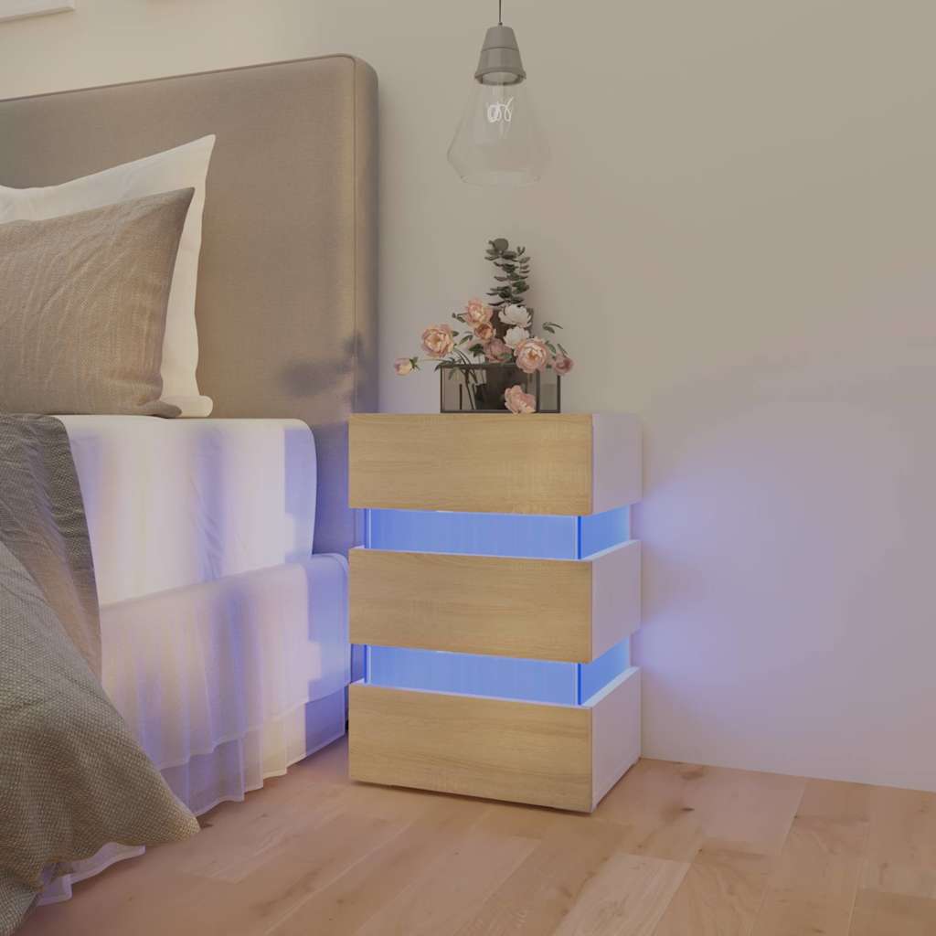 Sängbord Nattduksbord Vit Sängskåp LED och Sonoma Ek 45x35x67 cm