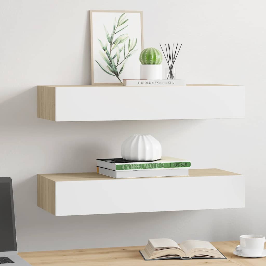 Vägghylla Vit och Ek 2 st 60x23,5x10 cm MDF