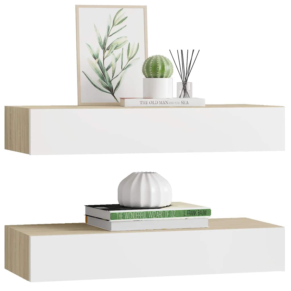 Vägghylla Vit och Ek 2 st 60x23,5x10 cm MDF