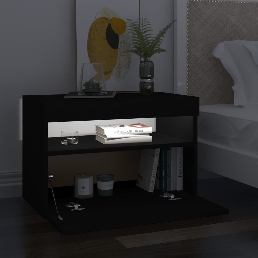 Sängbord LED-belysning 2 st svart 60x35x40 cm konstruerat trä